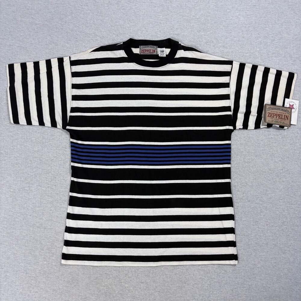 Zeppelin Vintage 90s Black White and Blue Striped Short Sleeve T-Shirt